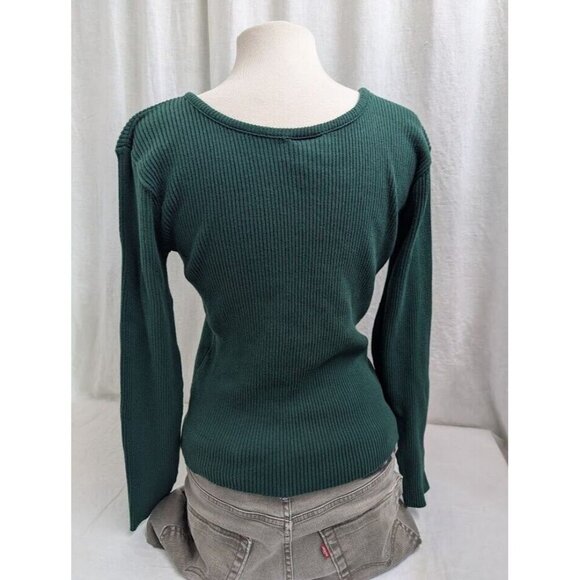 Styles to Go women's Large green scoop neck ribbed sweater 100% cotton Y2k SW10 - Picture 2 of 7